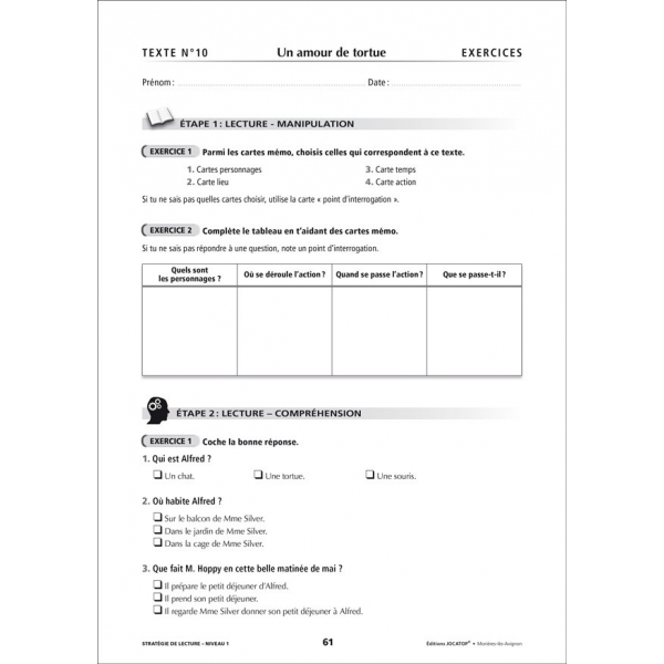 Fiche lecture qcm ce1